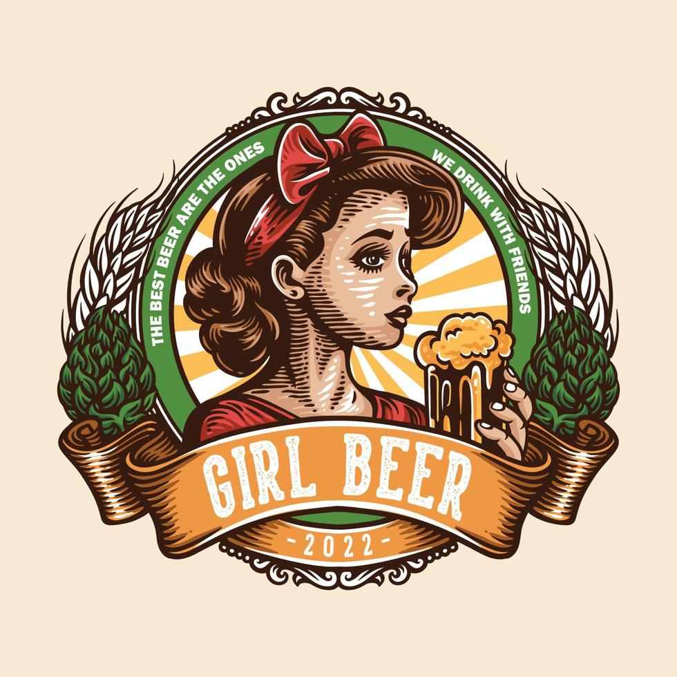 mulher de emblema de logotipo vintage segurando copo de cerveja com trigo e pinha como ornamento no fundo do círculo vetor