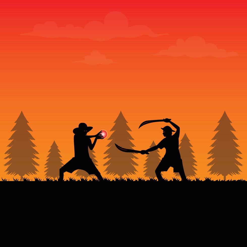 2 ninja lutando ao pôr do sol com poder mágico e ilustração plana de armas, ilustração de guerra ninja vetor
