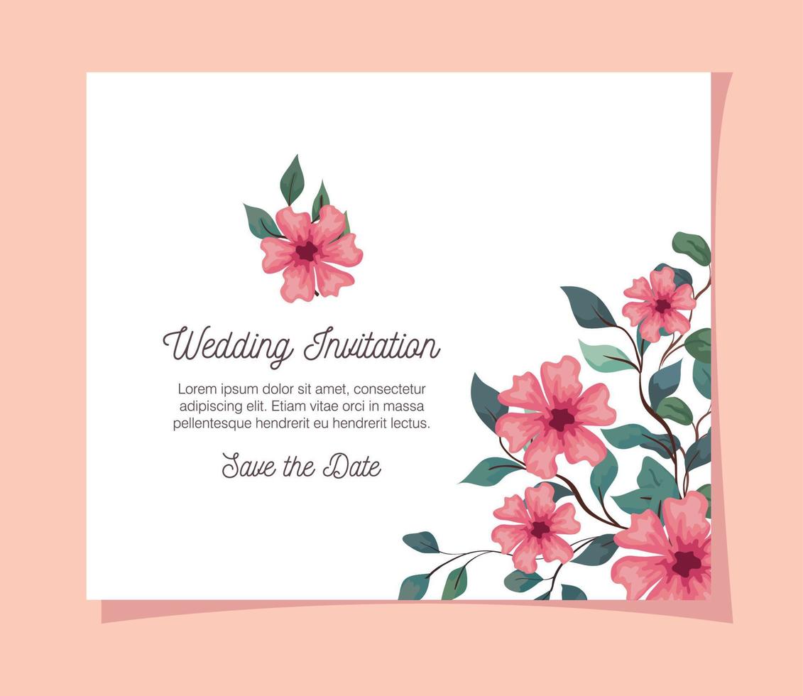 cartão com flores cor de rosa, convite de casamento com flores cor de rosa com decoração de galhos e folhas vetor