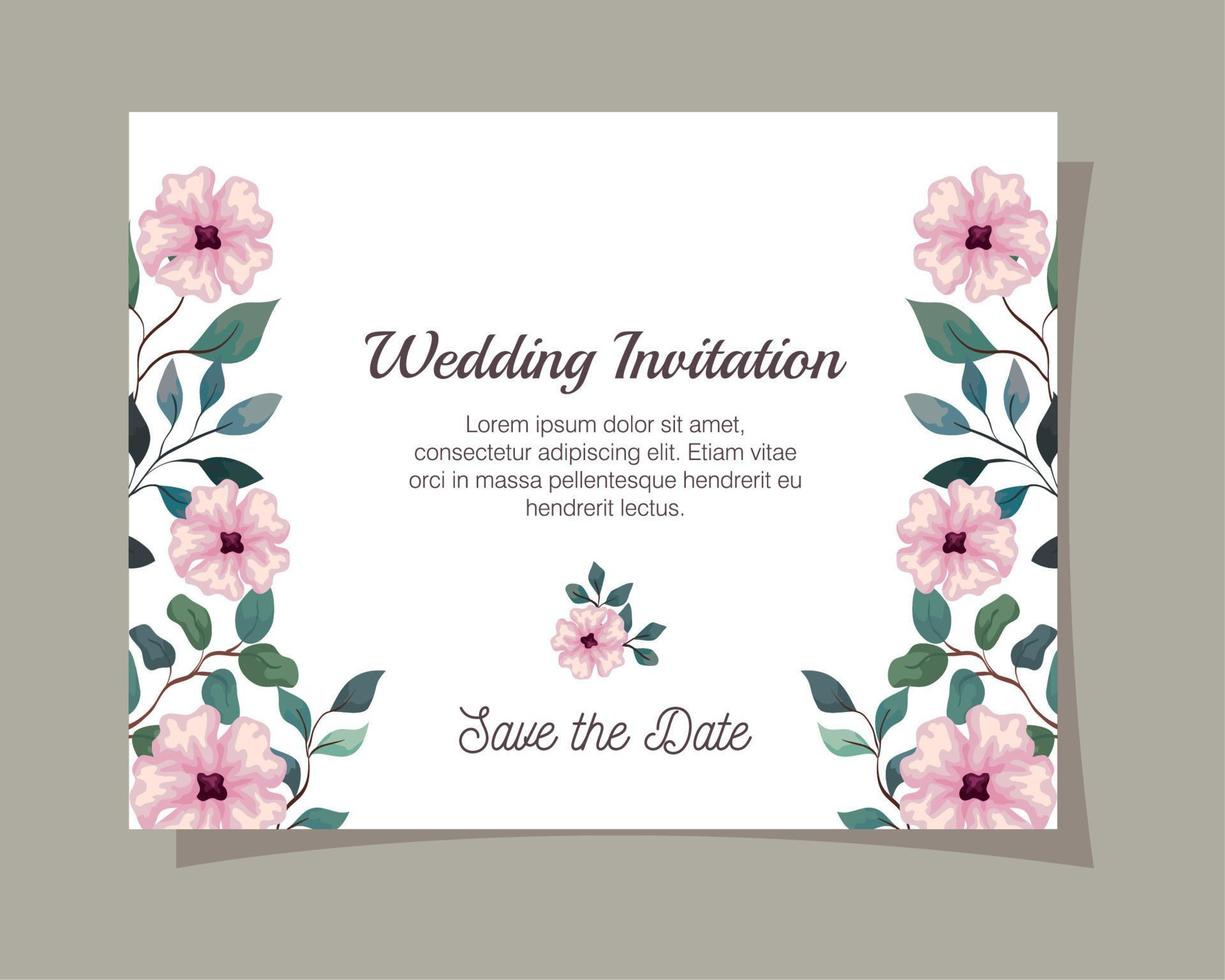 cartão com flores cor de rosa, convite de casamento com flores cor de rosa com decoração de galhos e folhas vetor