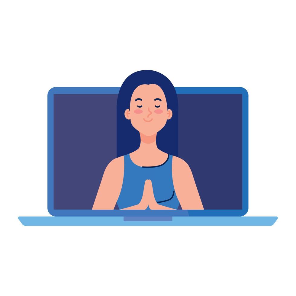 meditação online, mulher meditando no fundo branco vetor