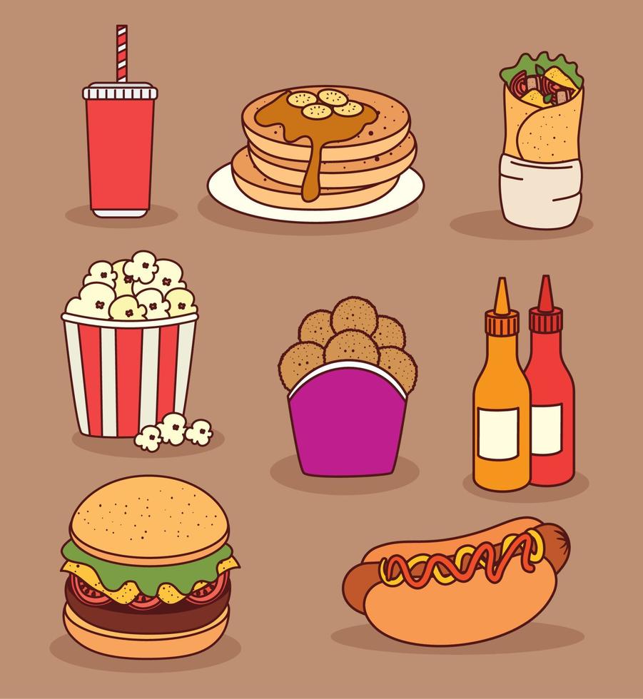 conjunto de ícones, delicioso fast food vetor