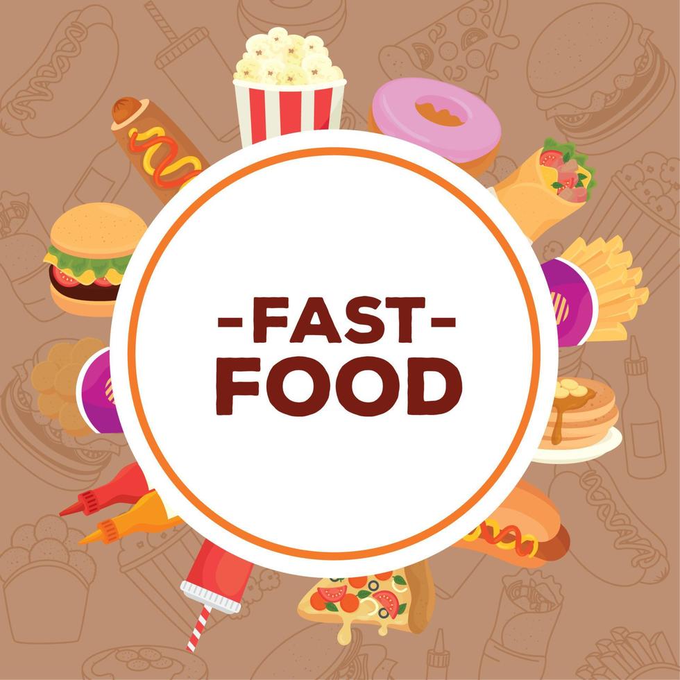 cartaz de fast food, quadro circular com delicioso fast food vetor