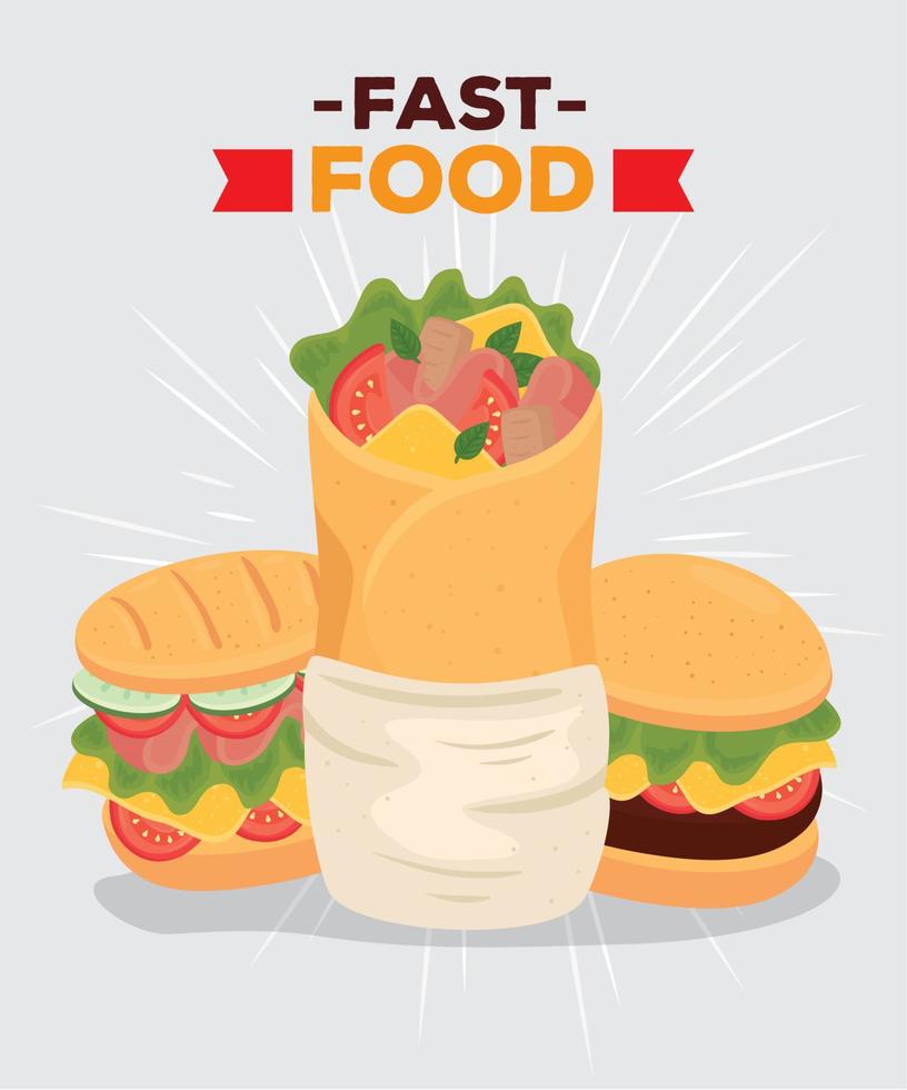 cartaz de fast food, burrito com sanduíche e hambúrguer vetor