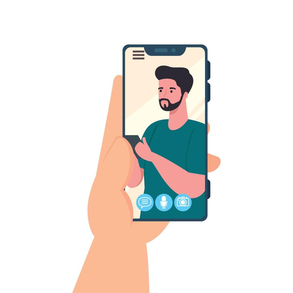 mão segurando a chamada de vídeo do smartphone na tela com o homem, conceito de mídia social vetor