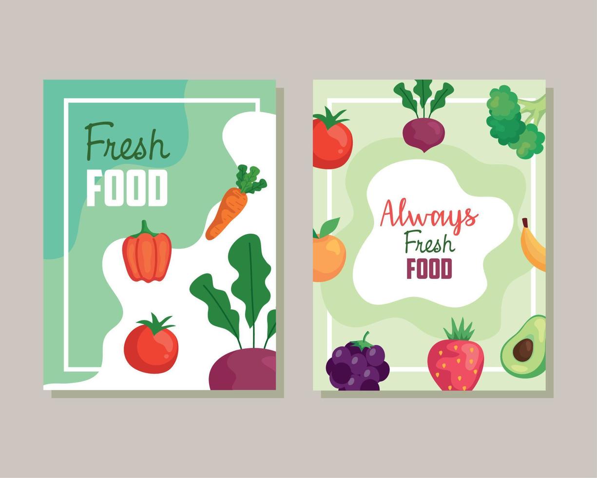 banners com legumes, alimentos frescos e alimentos sempre frescos vetor