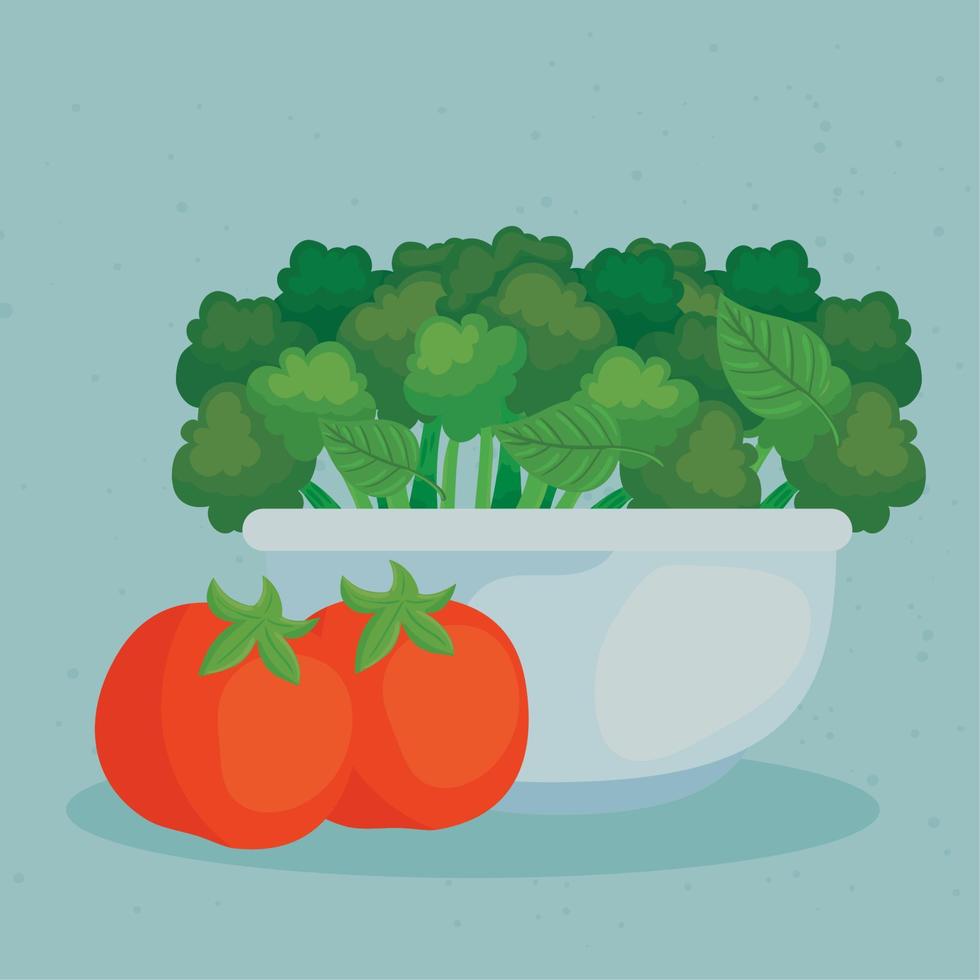 legumes frescos, brócolis na tigela com tomate vetor