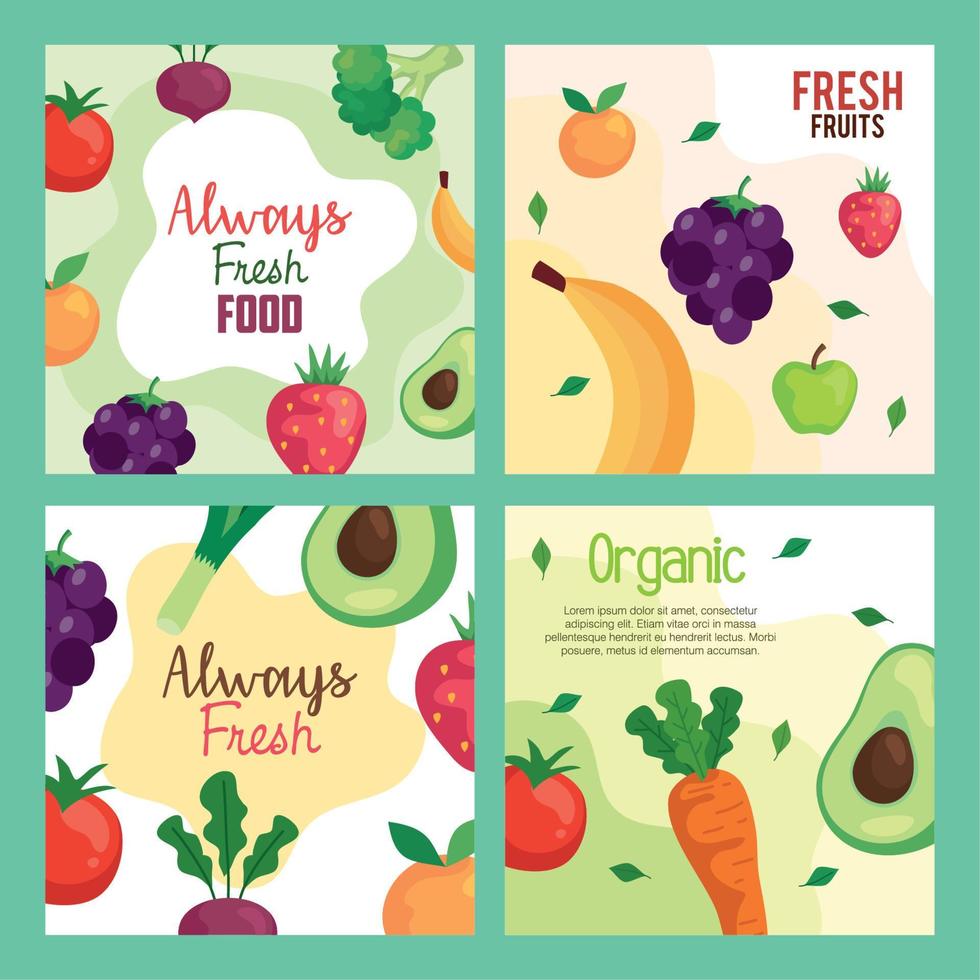 banners com legumes e frutas, conceito de comida saudável vetor