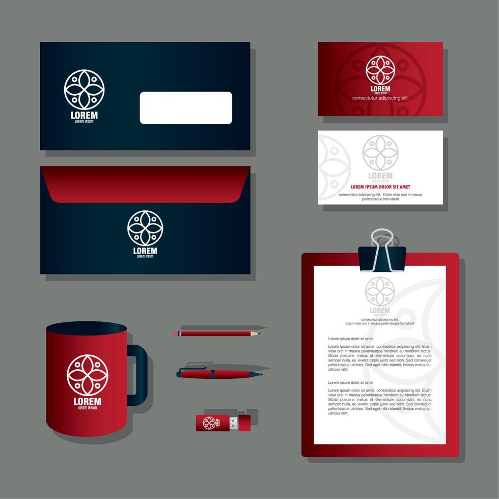 identidade corporativa de maquete de marca, materiais de papelaria de maquete, cor vermelha com placa branca vetor