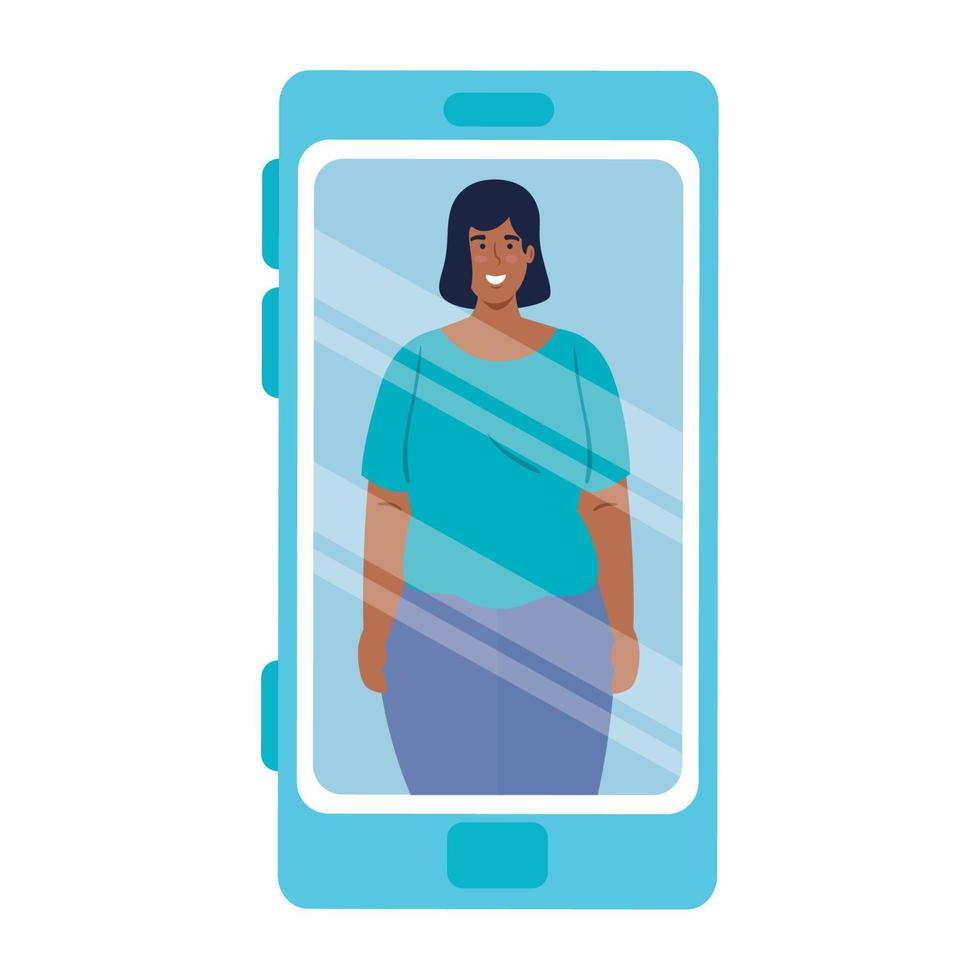 mulher mulata em dispositivo de smartphone, conceito de mídia social vetor