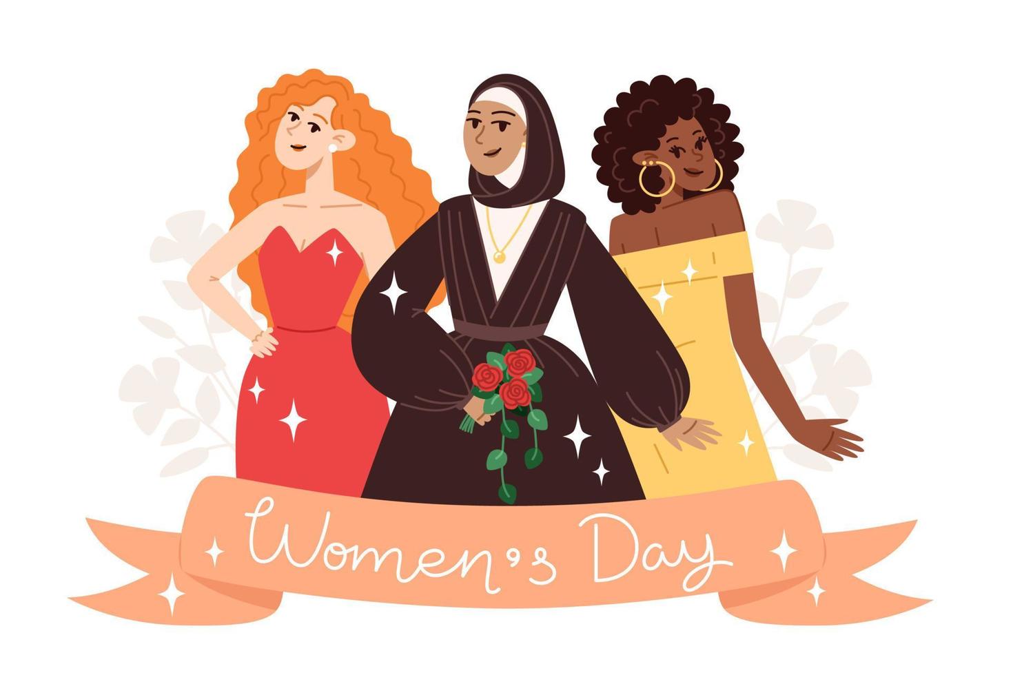 cartão para o dia da mulher com mulheres jovens de diferentes nacionalidades em estilo simples vetor