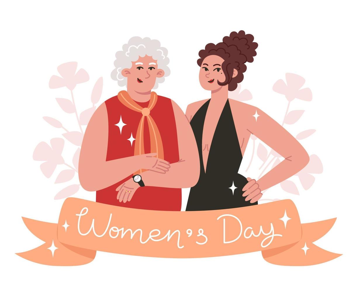 cartão de saudação do dia da mulher com mulheres jovens e idosas em estilo simples vetor