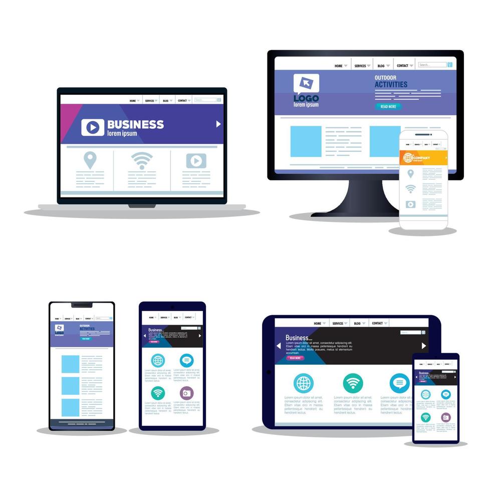 web responsiva de maquete, desenvolvimento de site de conceito em conjunto de dispositivos eletrônicos vetor