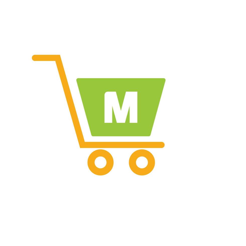 carrinho de compras de carrinho de letra m. modelo inicial de conceito de logotipo online e de compras vetor