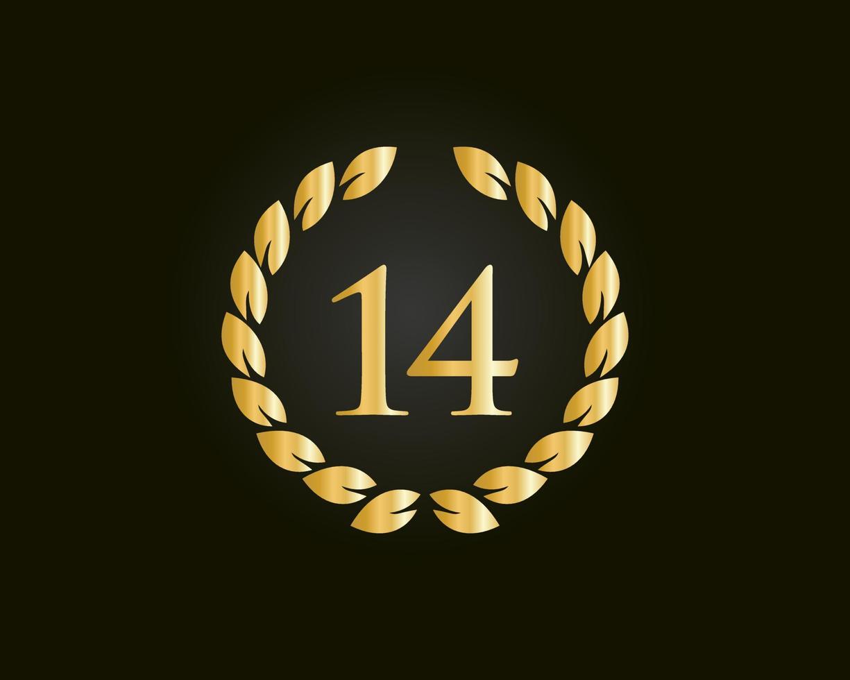 logotipo de aniversário de 14 anos com anel de ouro isolado em fundo preto, para aniversário, aniversário e celebração da empresa vetor