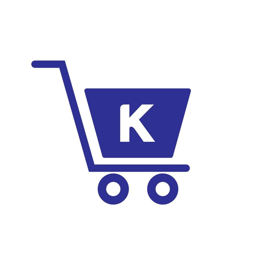 carrinho de compras de carrinho de letra k. modelo inicial de conceito de logotipo online e de compras vetor