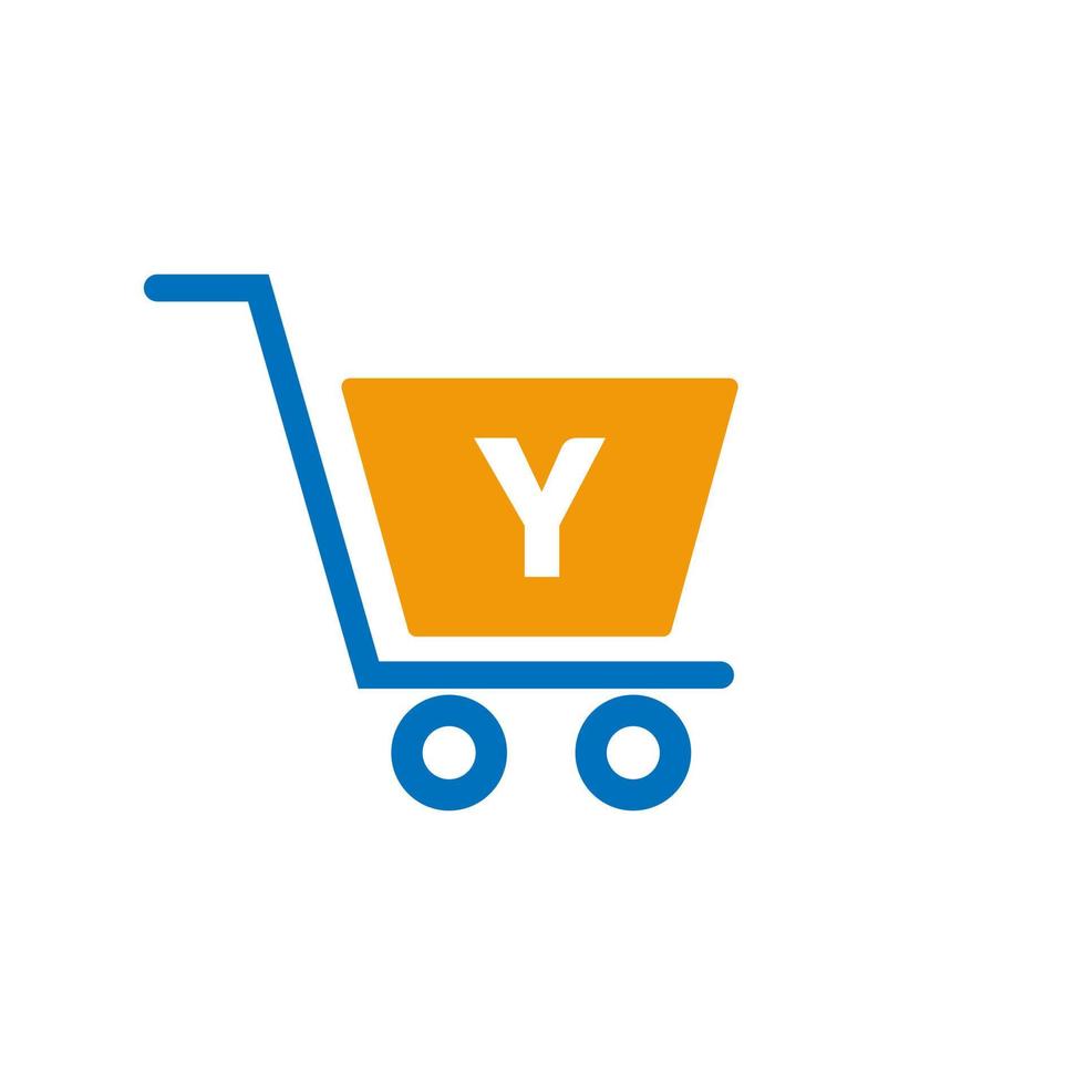 carrinho de compras de carrinho de letra y. modelo inicial de conceito de logotipo online e de compras vetor
