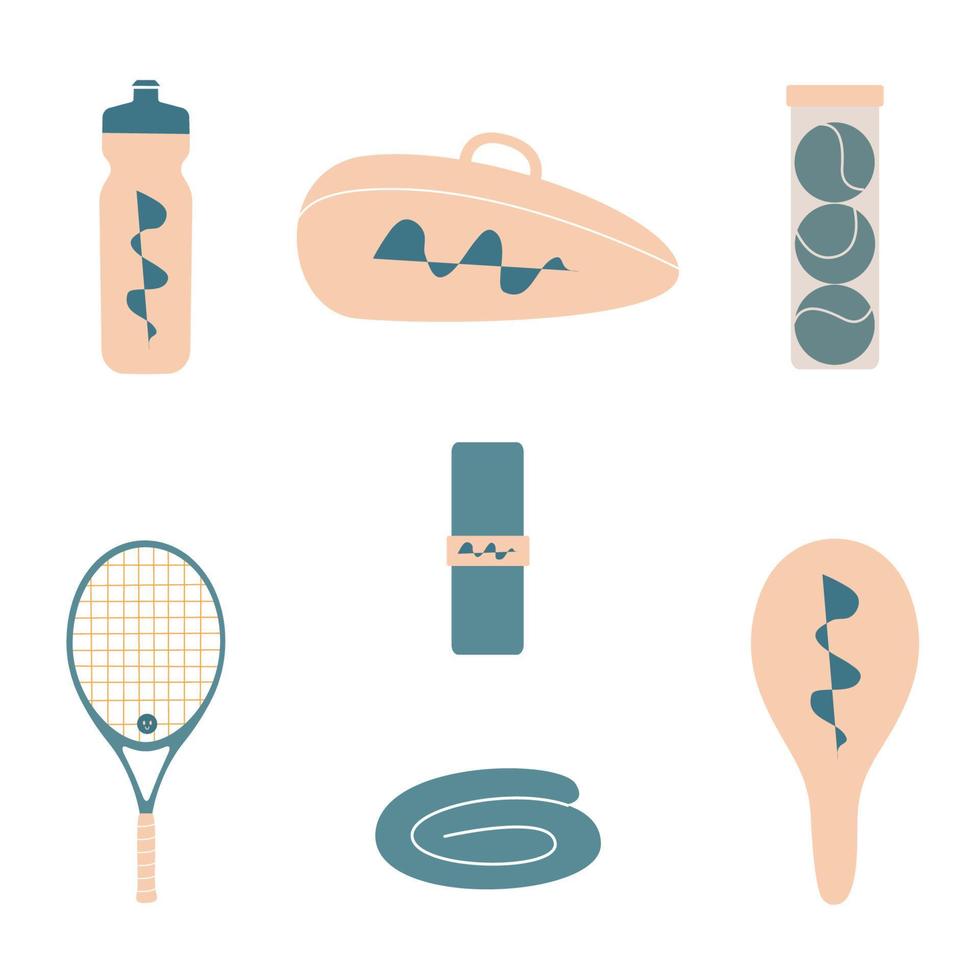 ilustração em vetor plana. equipamento de tênis desenhado à mão, raquete, garrafa, estojo, toalha, bolas, aderência