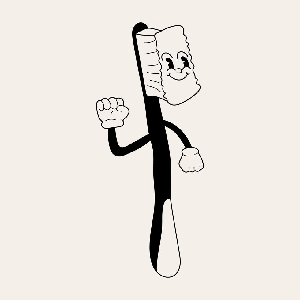 escova de dentes na ilustração do estilo cartoon retrô, coleção de arte vetorial de personagens vintage na cor preto e branco vetor