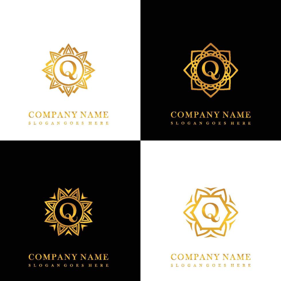 coleção de logotipo q inicial com ornamento de mandala de luxo para casamento, spa, hotel, logotipo de cuidados de beleza vetor