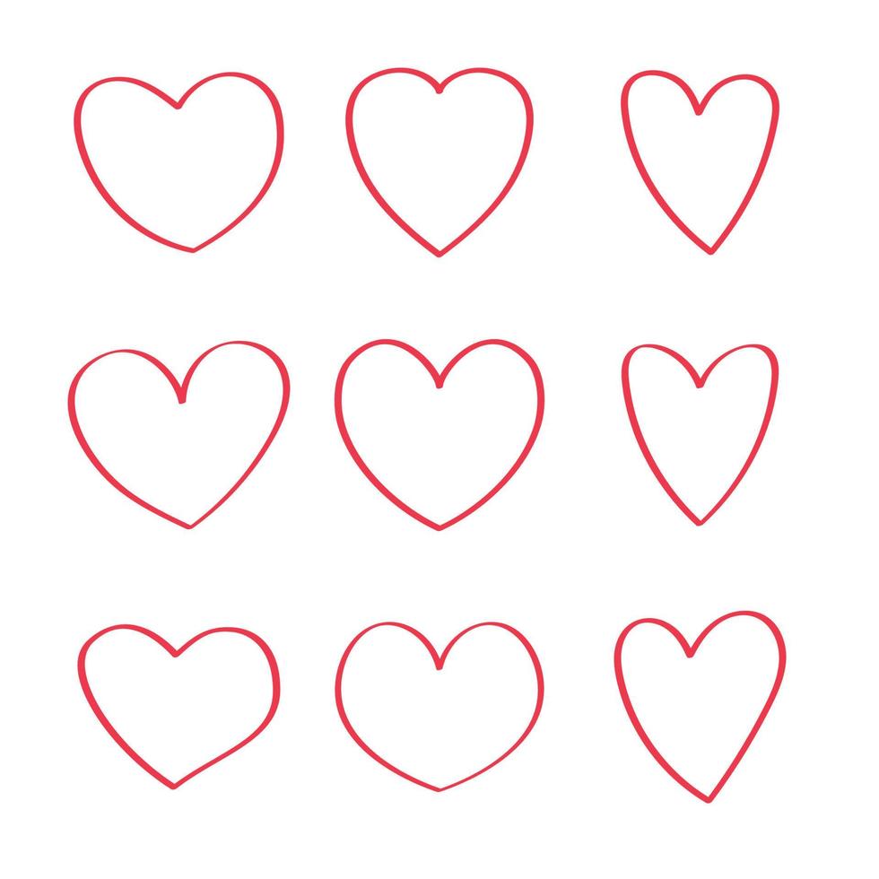 conjunto de corações de doodle de linha vermelha vetor