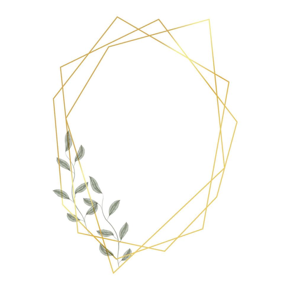 boder geométrico dourado com folhas em estilo aquarela. moldura poligonal de luxo para decoração do dia dos namorados, convites de casamento, cartões comemorativos. ilustração vetorial vetor