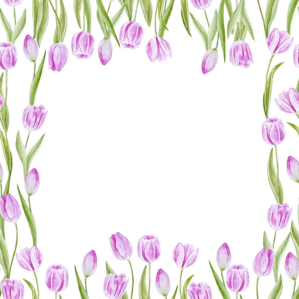 tulipas cor de rosa flores da primavera moldura padrão aquarela desenhada à mão para convites, guardanapos e decoração vetor