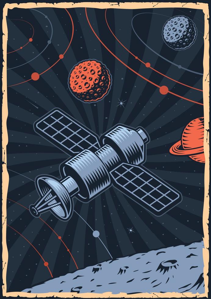 cartaz de espaço de cor com ilustração de um satélite em estilo vintage. vetor