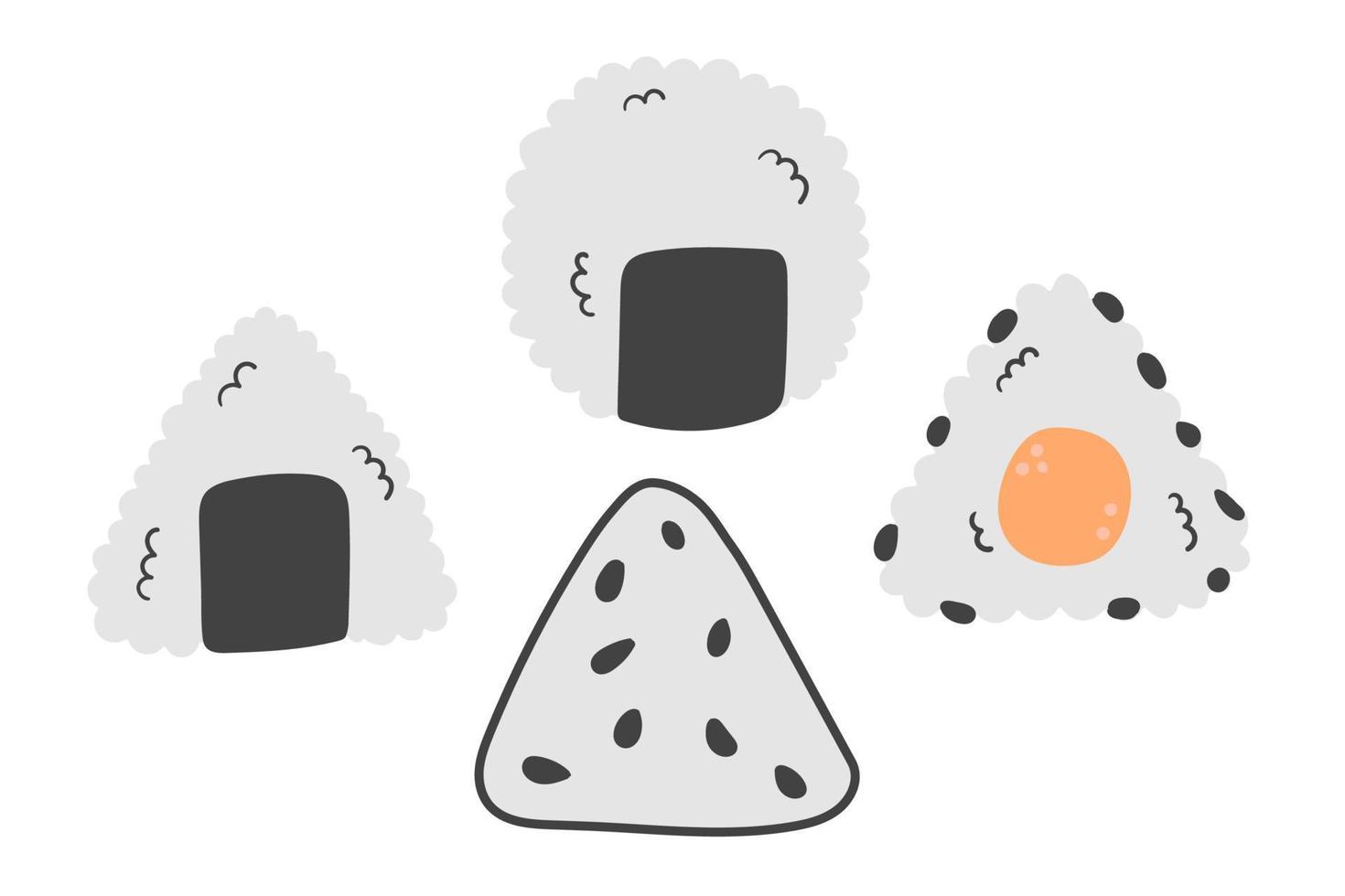 conjunto de onigiri tradicional isolado no fundo branco. sushi set ícones em estilo plano doodle. vetor