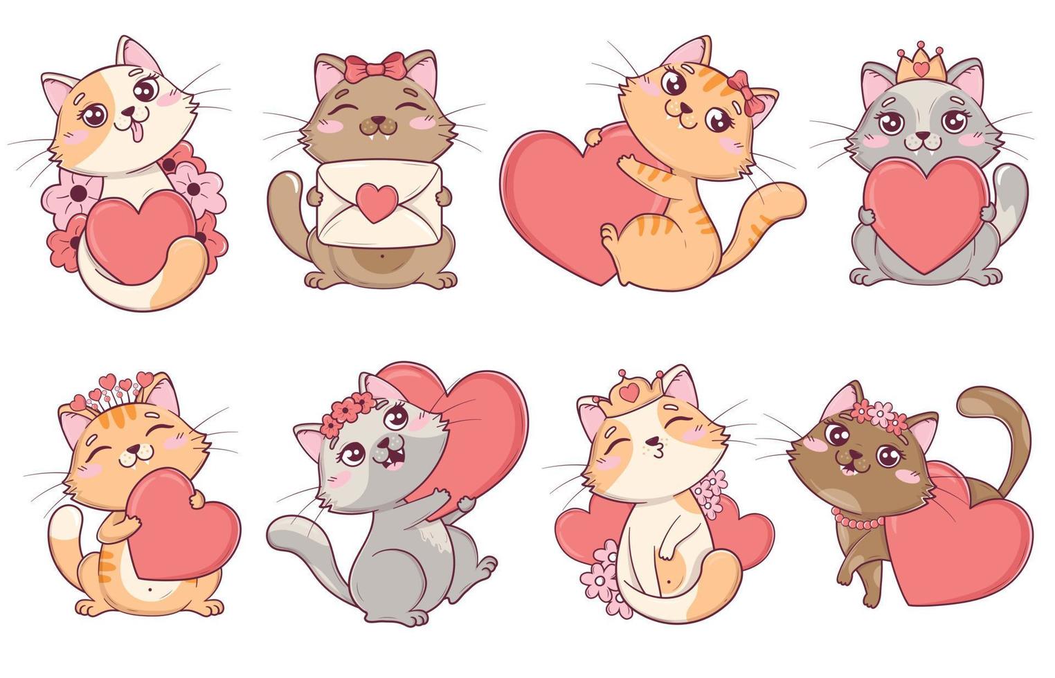 pacote de gatos fofos do dia dos namorados kawaii em poses diferentes com corações e flores vetor