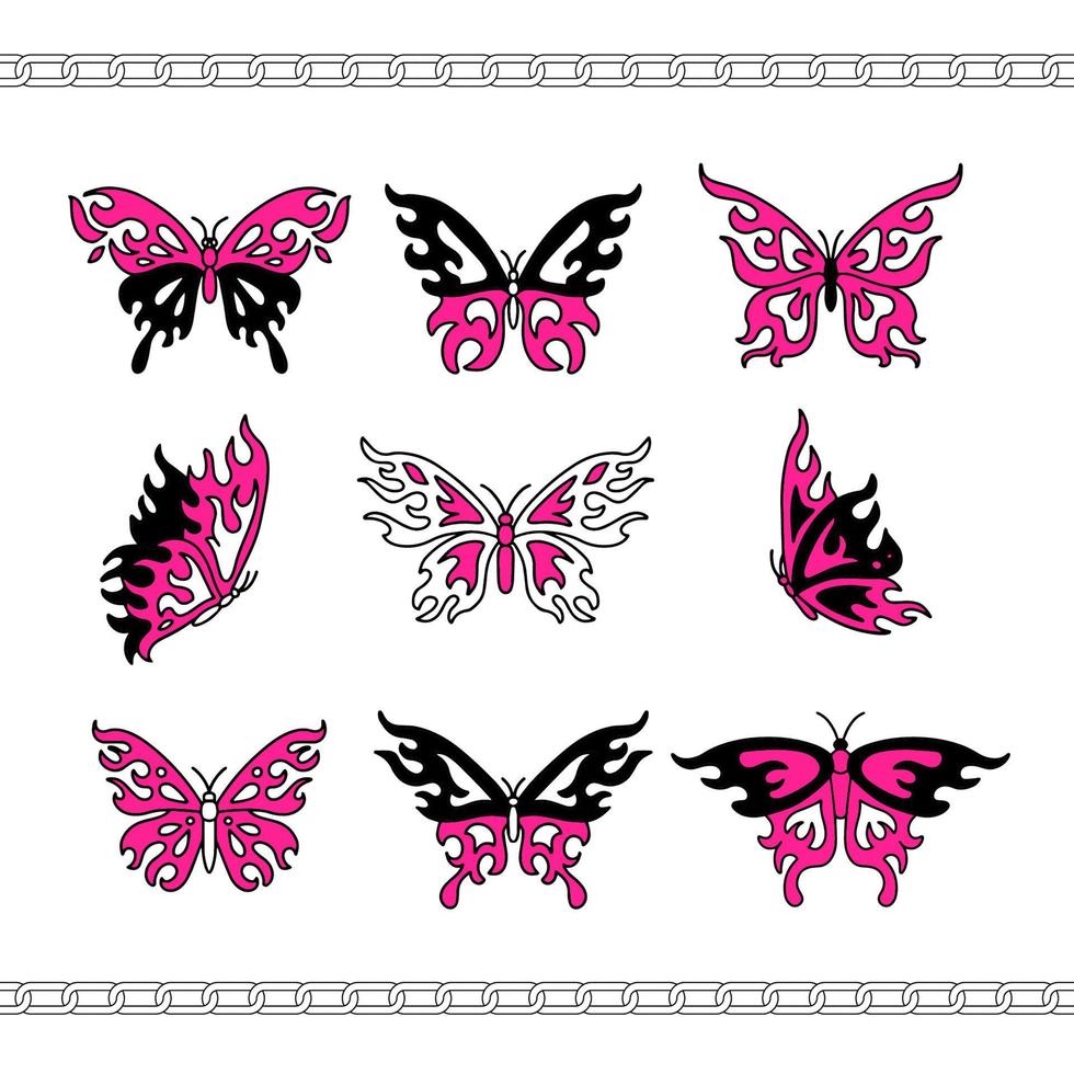 silhuetas de tatuagens de glamour y2k. tatuagem de borboleta flamejante no estilo emo gótico dos anos 2000. ícone de mão desenhada de vetor. Estética dos anos 90, 00. rosa, cores pretas. vetor