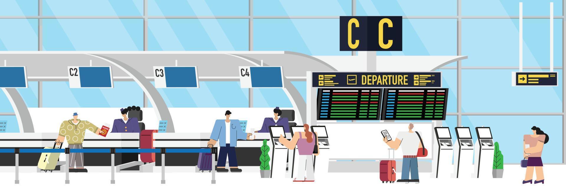 hall de embarque do aeroporto com registro de voo de check-in de passageiros com bagagem na fila, balcão de check-in para embarque de partida de avião, ilustração vetorial de aeronaves de viajantes vetor