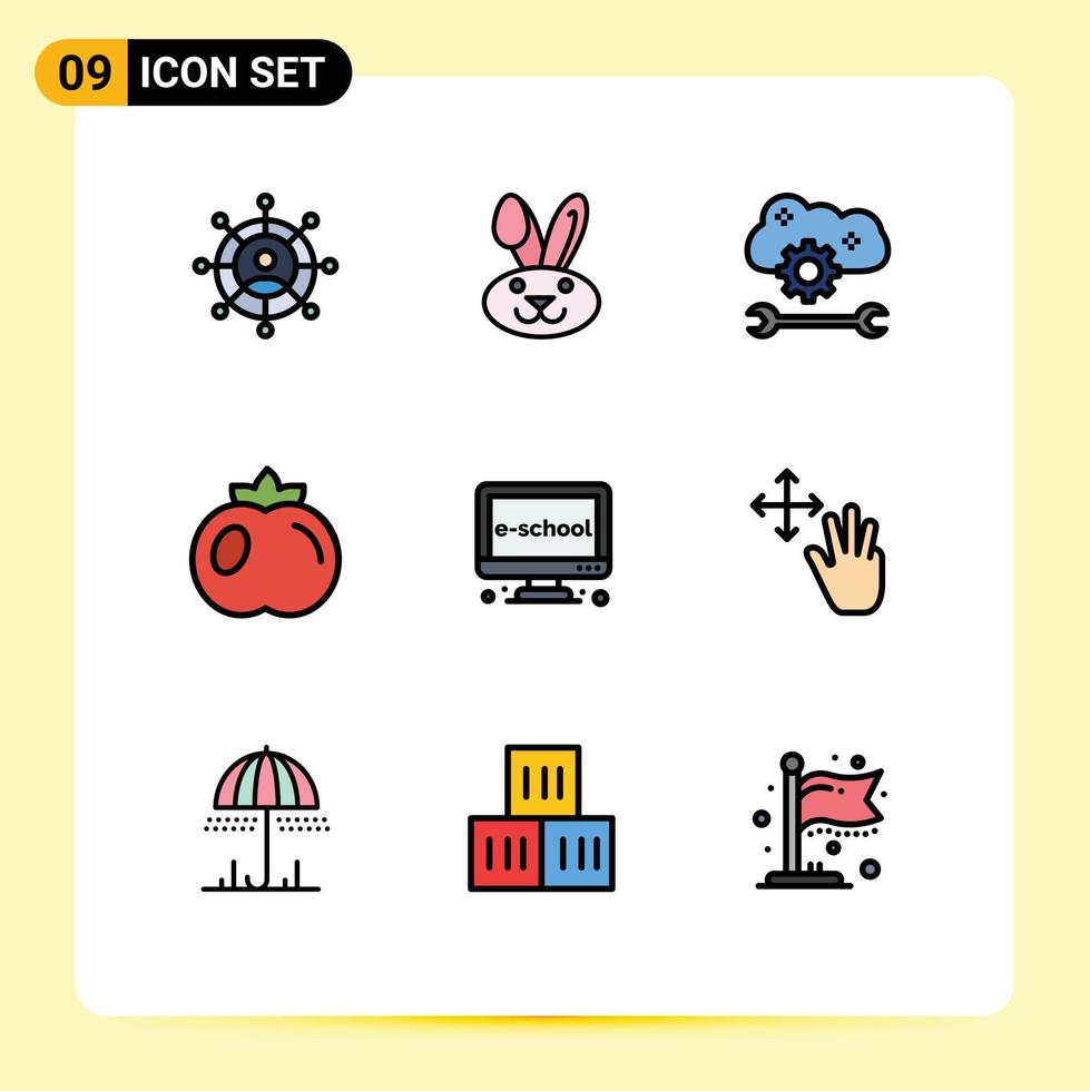 9 interface do usuário pacote de cores planas de linha cheia de sinais e símbolos modernos de serviço de nuvem de educação de aprendizagem configurar elementos de design de vetores editáveis de tomate e