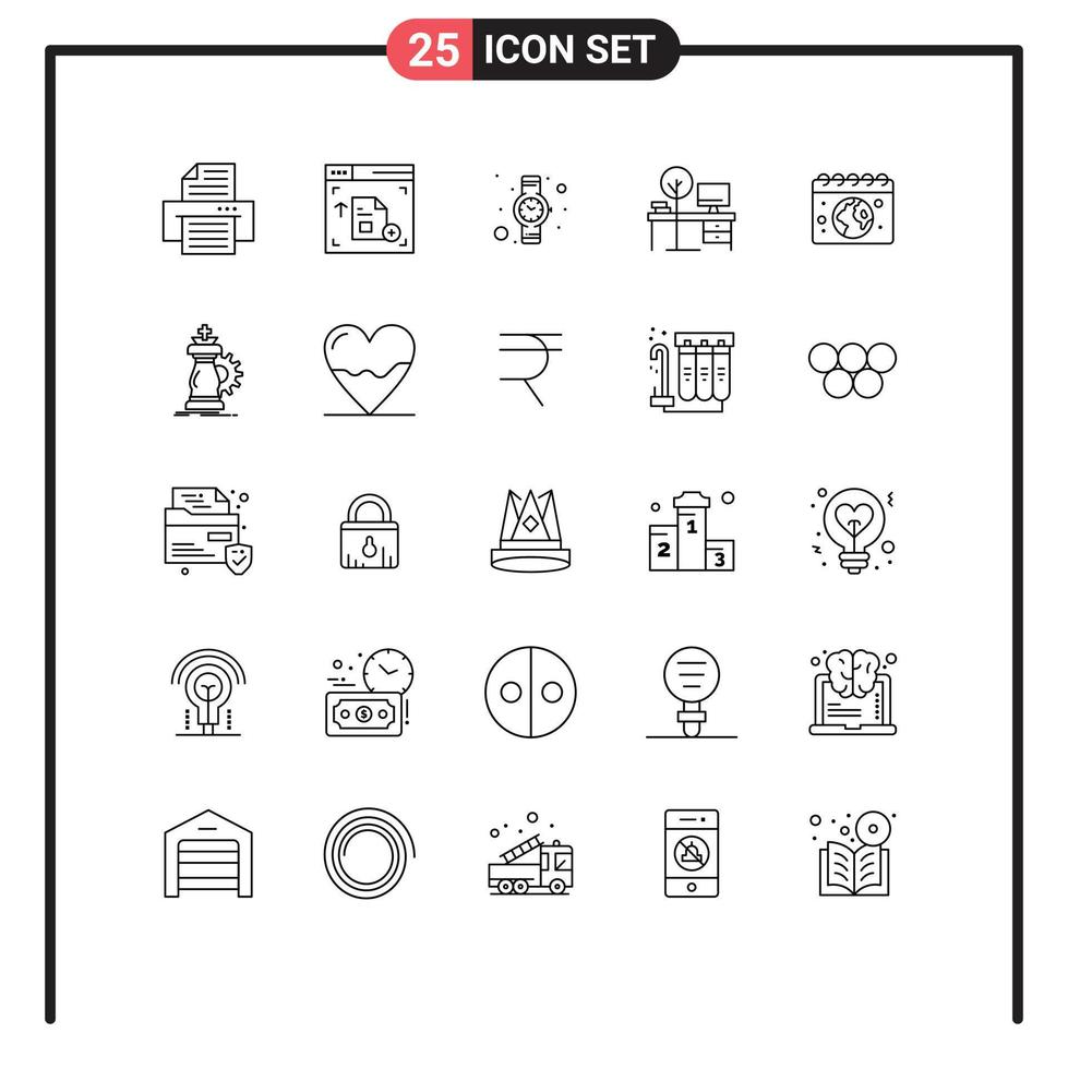 conjunto de 25 sinais de símbolos de ícones de interface do usuário modernos para relógio de globo do dia, lugar da terra, elementos de design de vetores editáveis