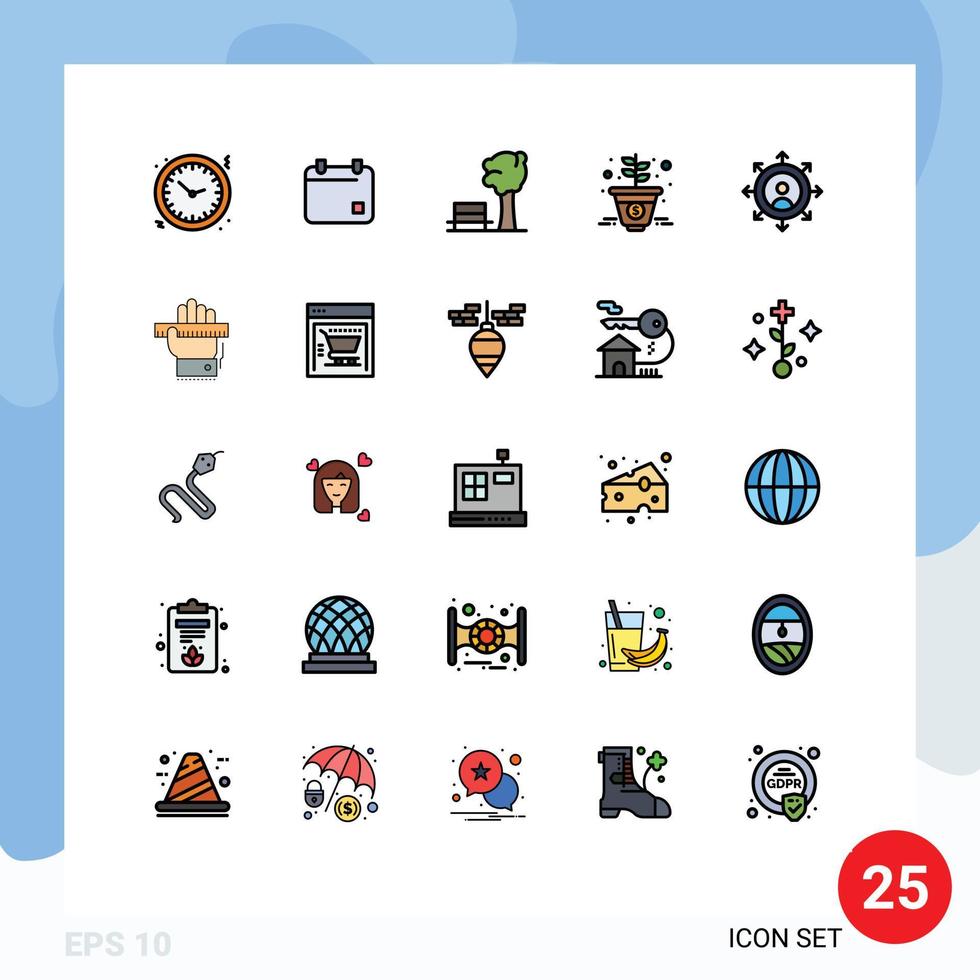 pacote de 25 sinais e símbolos modernos de cores planas de linha preenchida para mídia impressa na web, como data de marketing de carreira, árvore de crescimento, elementos de design vetorial editáveis vetor