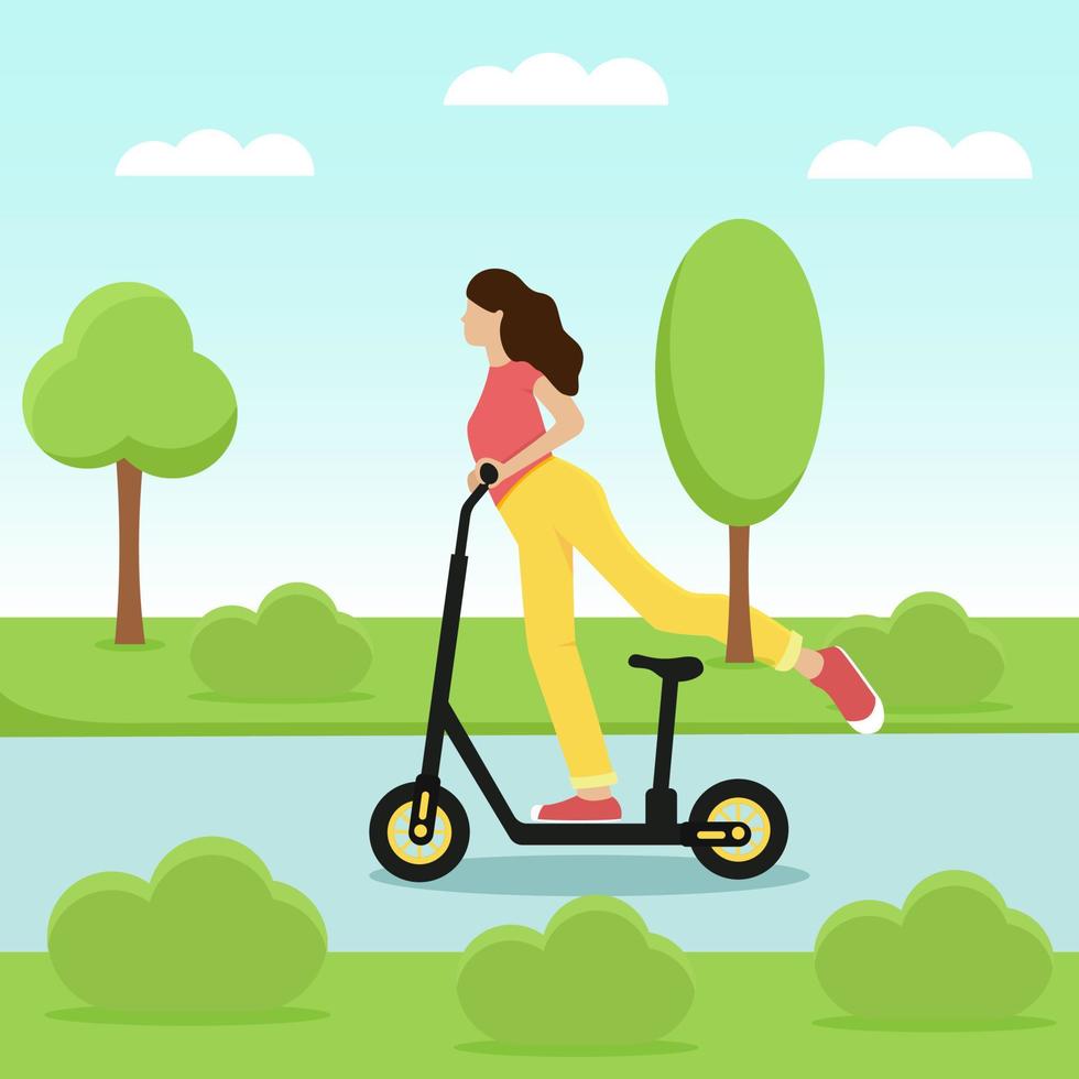 menina andando de scooter elétrico em um parque vetor