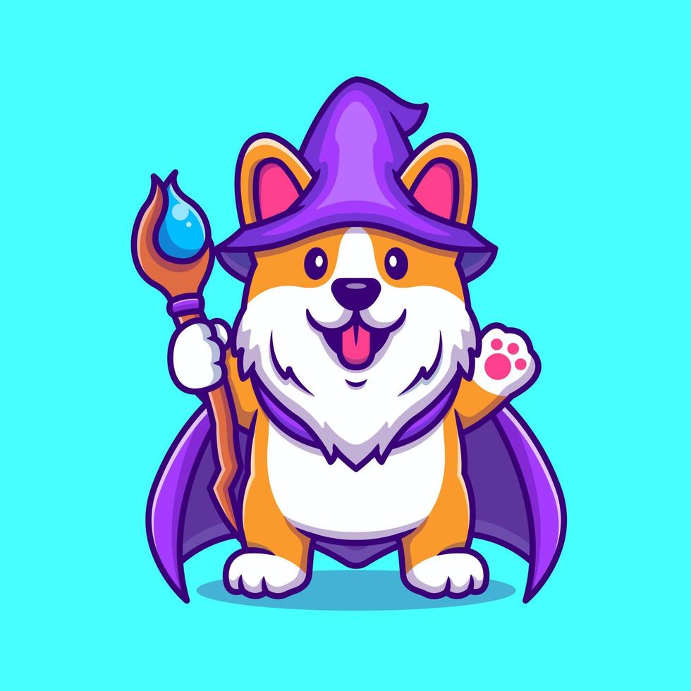 assistente de cão bonito corgi com ilustração de ícone de vetor de desenho animado de varinha mágica. conceito de ícone de feriado animal isolado vetor premium. estilo cartoon plana