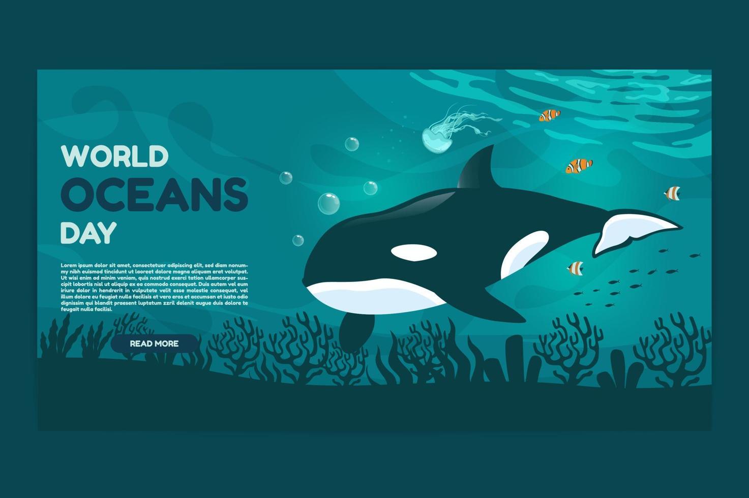 dia mundial dos oceanos 8 de junho web banner. salvar nosso oceano. grande baleia orca e peixes estavam nadando debaixo d'água com bela ilustração vetorial de fundo de corais e algas marinhas. vetor