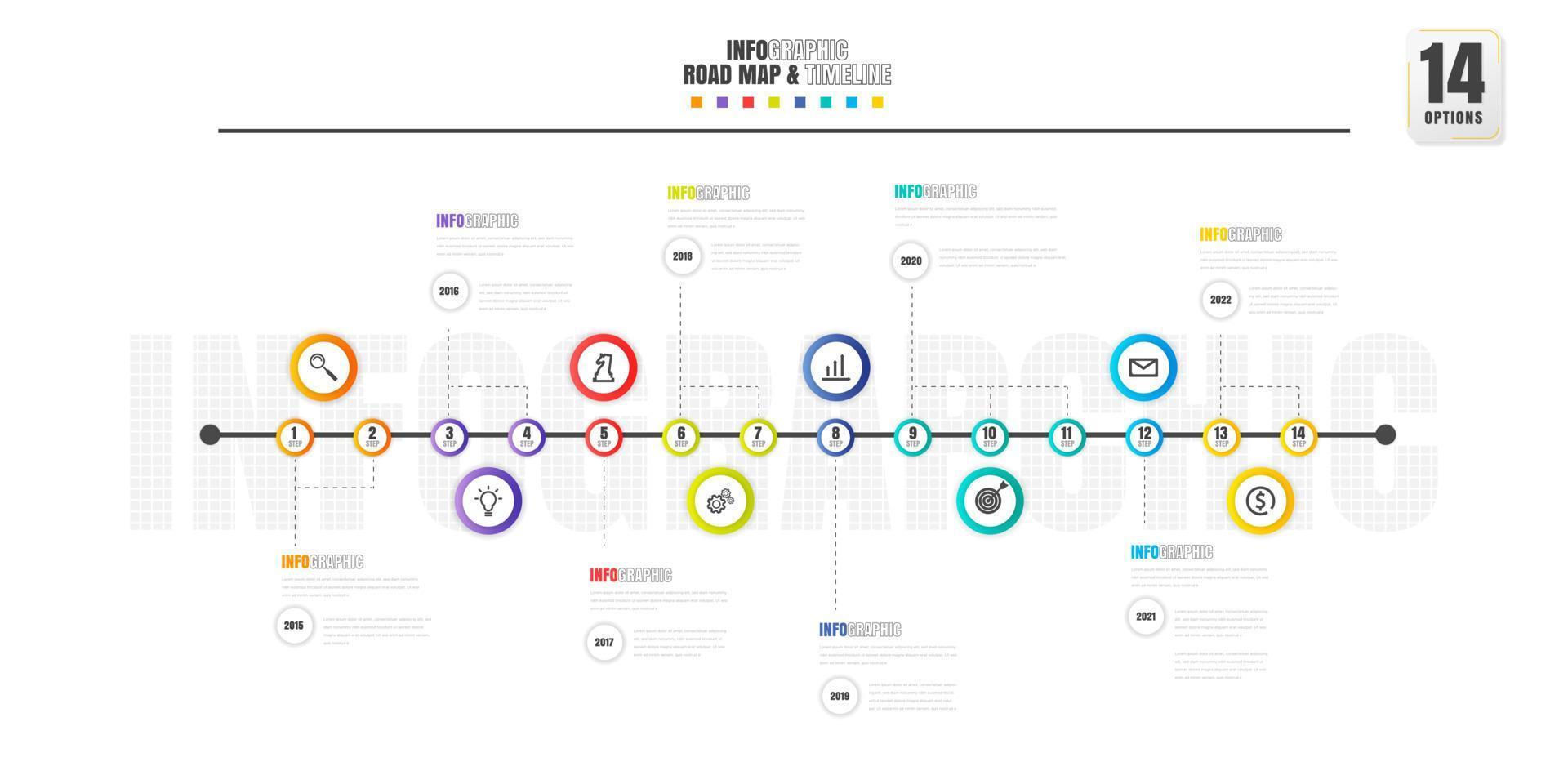 modelo de design de infográficos de linha do tempo com 14 opções, diagrama de processo. vetor