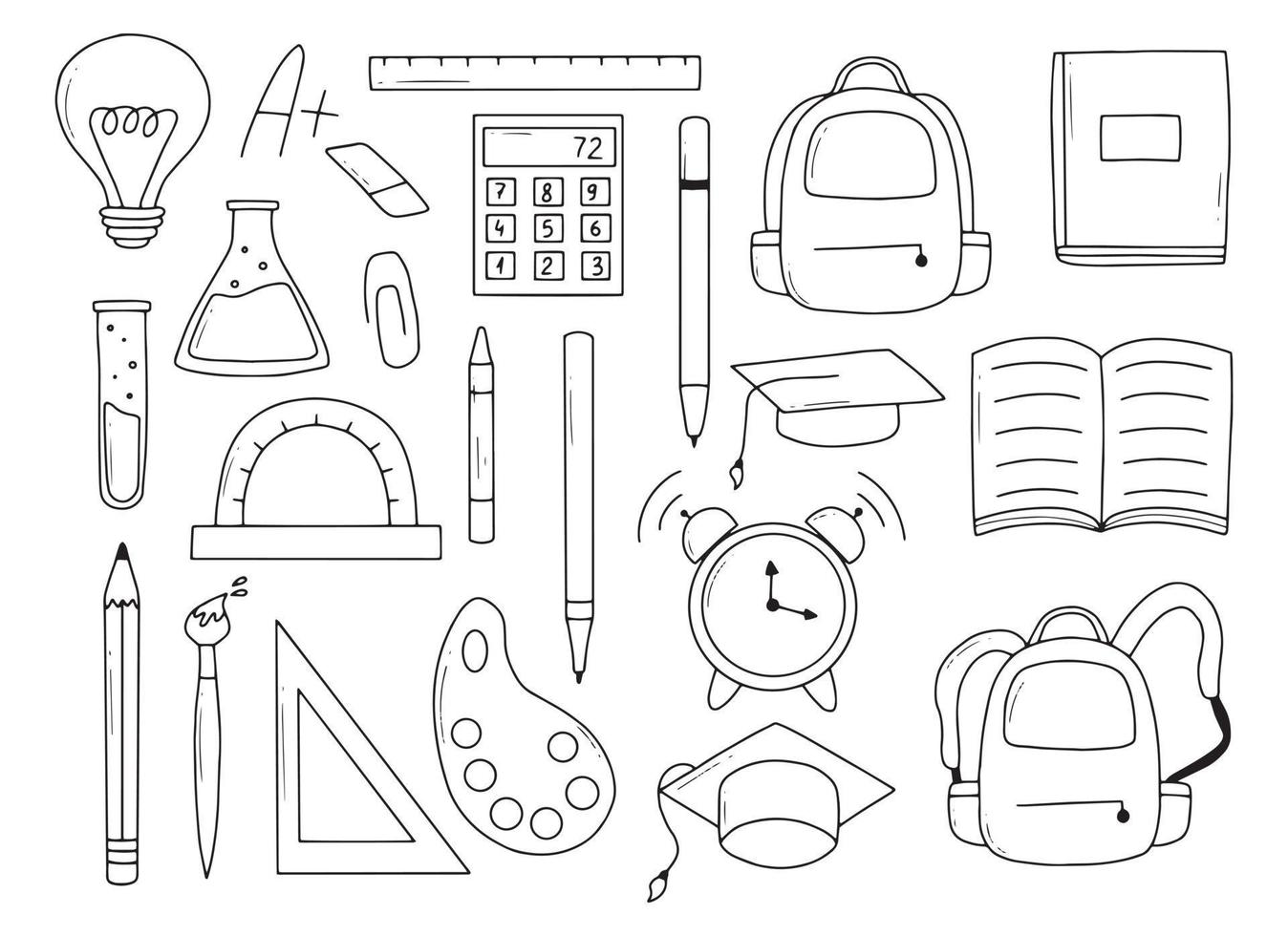 conjunto de itens escolares. ilustração vetorial. estilo rabisco. coleção de elementos da escola. de volta à escola. fim da escola. vetor