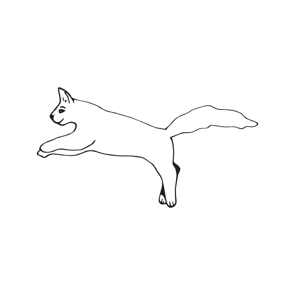 gato bonito desenhado à mão em movimento de salto no fundo branco. vetor animais adoráveis no estilo escandinavo da moda. ilustração engraçada, fofa e hygge para pôster, banner, impressão, decoração de sala de jogos para crianças.