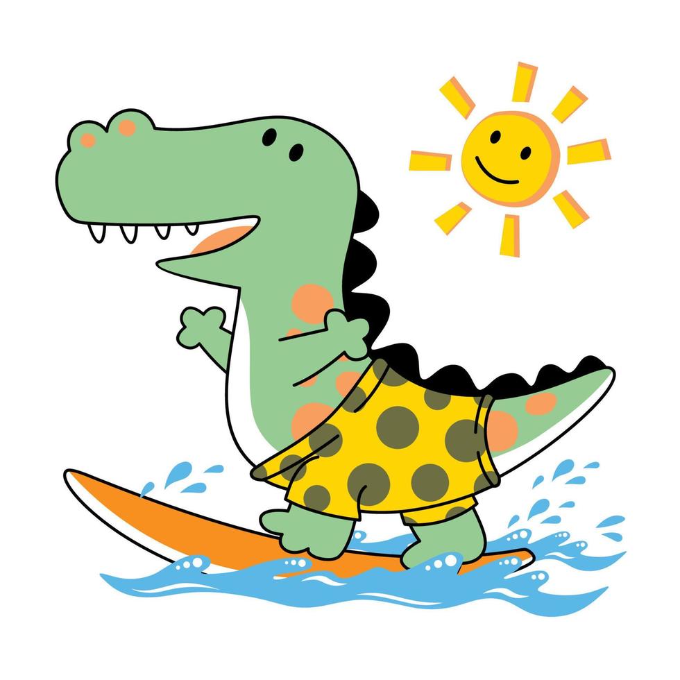 dinossauro engraçado jogando prancha de surf ao sol, ilustração de desenho vetorial vetor