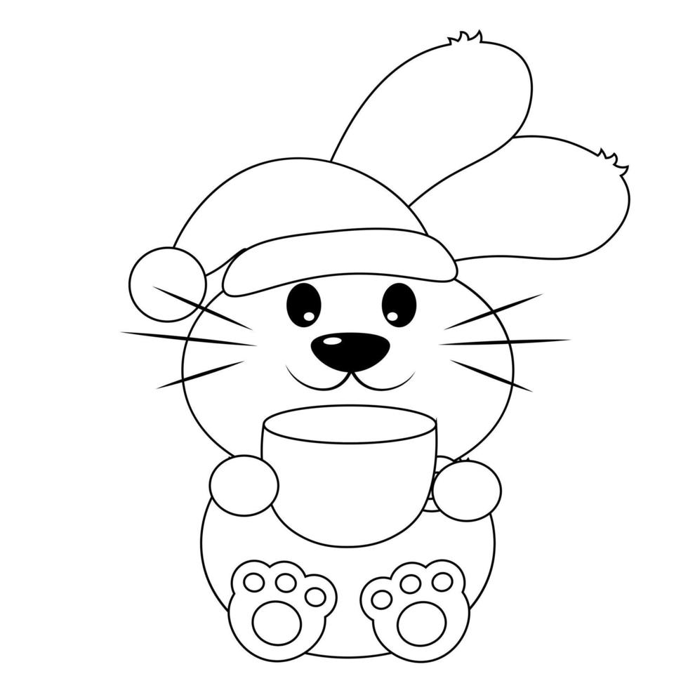 coelho fofo com xícara de café. desenhar ilustração em preto e branco vetor