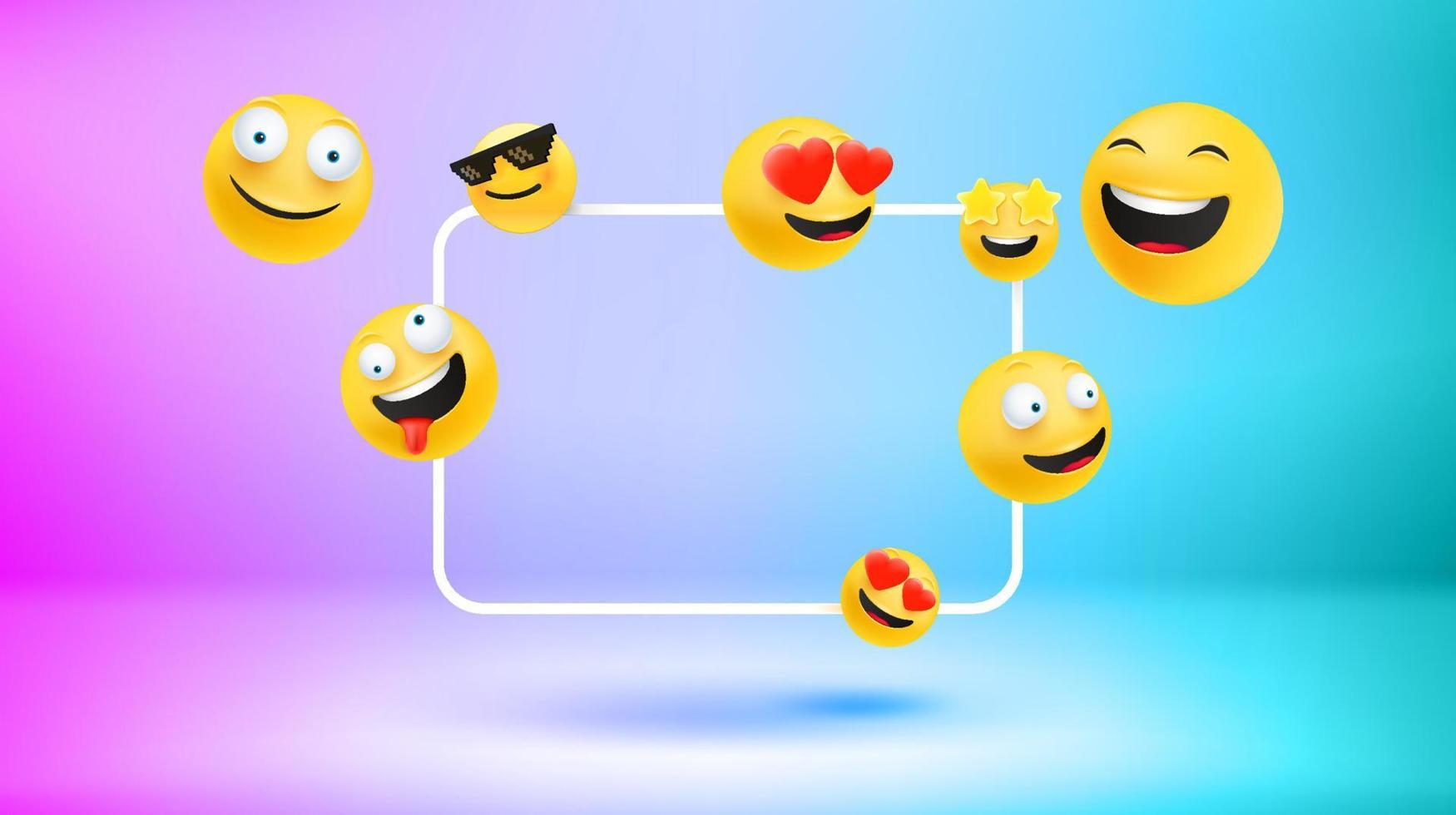 modelo de pôster com emojis e moldura vazia. novo conceito de mensagens. bandeira 3d vetorial vetor