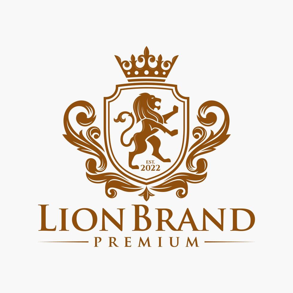 logotipo de heráldica de crista de leão de luxo. ícone de escudo heráldico de ouro elegante. emblema de identidade de marca premium. símbolo de etiqueta da empresa brasão real. ilustração vetorial moderna. vetor