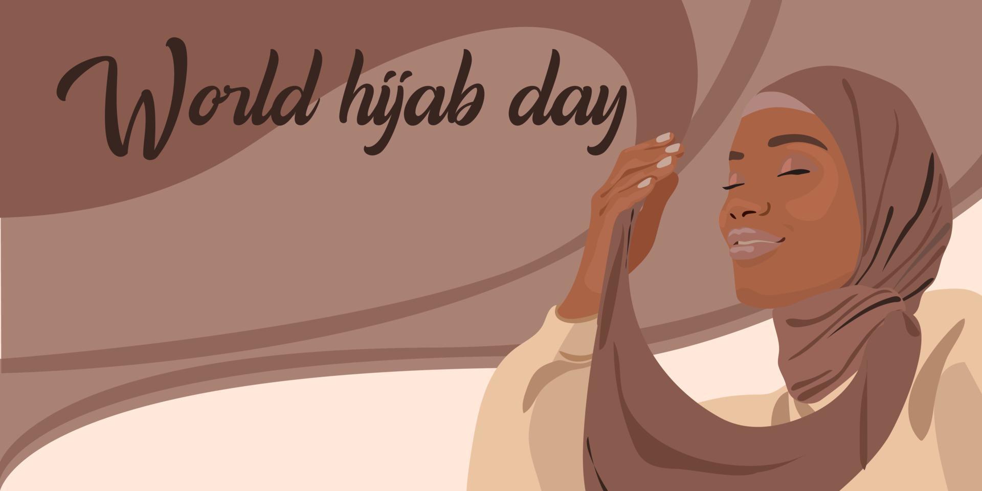 dia mundial do hijab. uma mulher muçulmana em um hijab. mulher árabe. 1 de fevereiro. feliz dia mundial da mulher em hijab. ilustração em vetor de uma garota com um lenço na cabeça. A bandeira