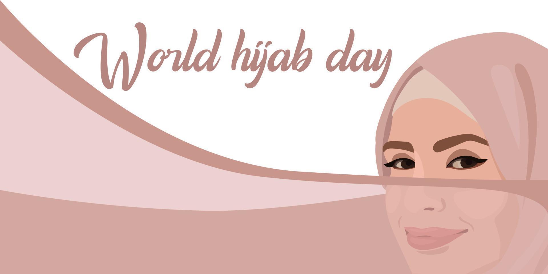 dia mundial do hijab. uma mulher muçulmana em um hijab. mulher árabe. 1 de fevereiro. feliz dia mundial da mulher em hijab. ilustração em vetor de uma garota com um lenço na cabeça. A bandeira