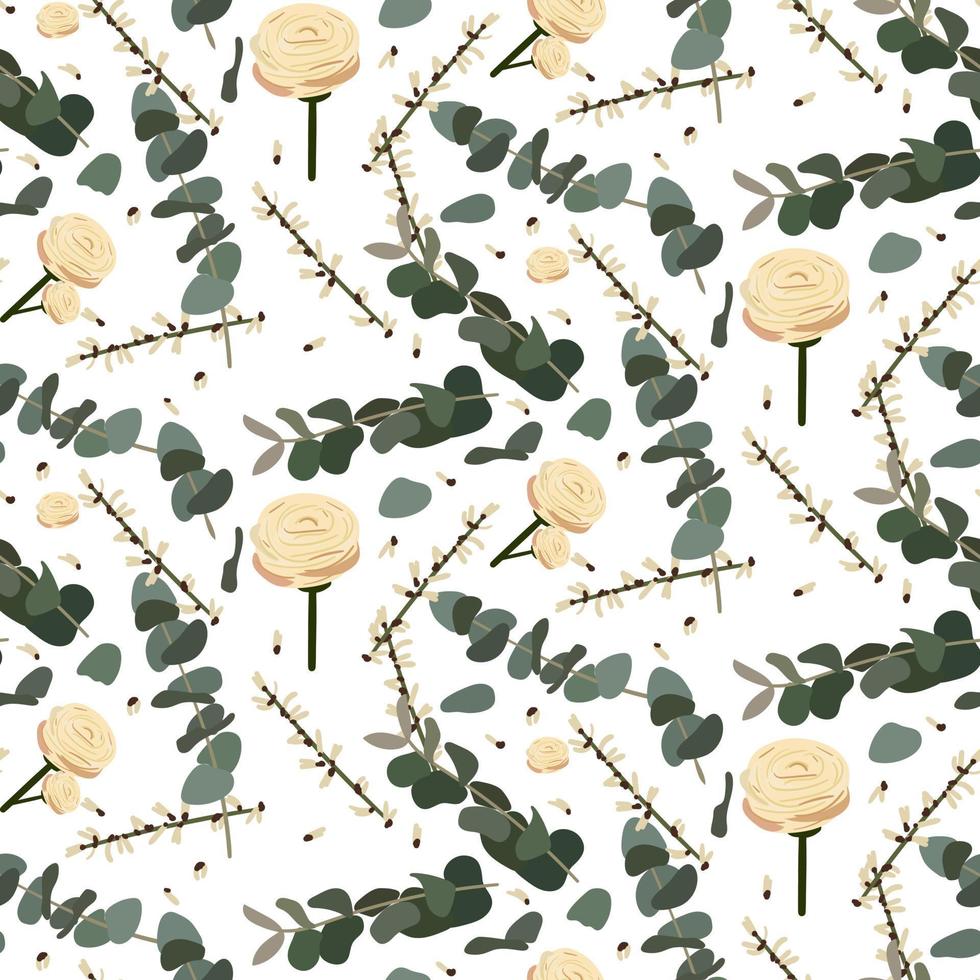 um padrão de botões de rosa com galhos verdes de eucalipto e galhos de pequenas flores. fundo delicado para impressão em papel e têxteis. impressão para embalagens, plano de fundo para cartões de férias vetor