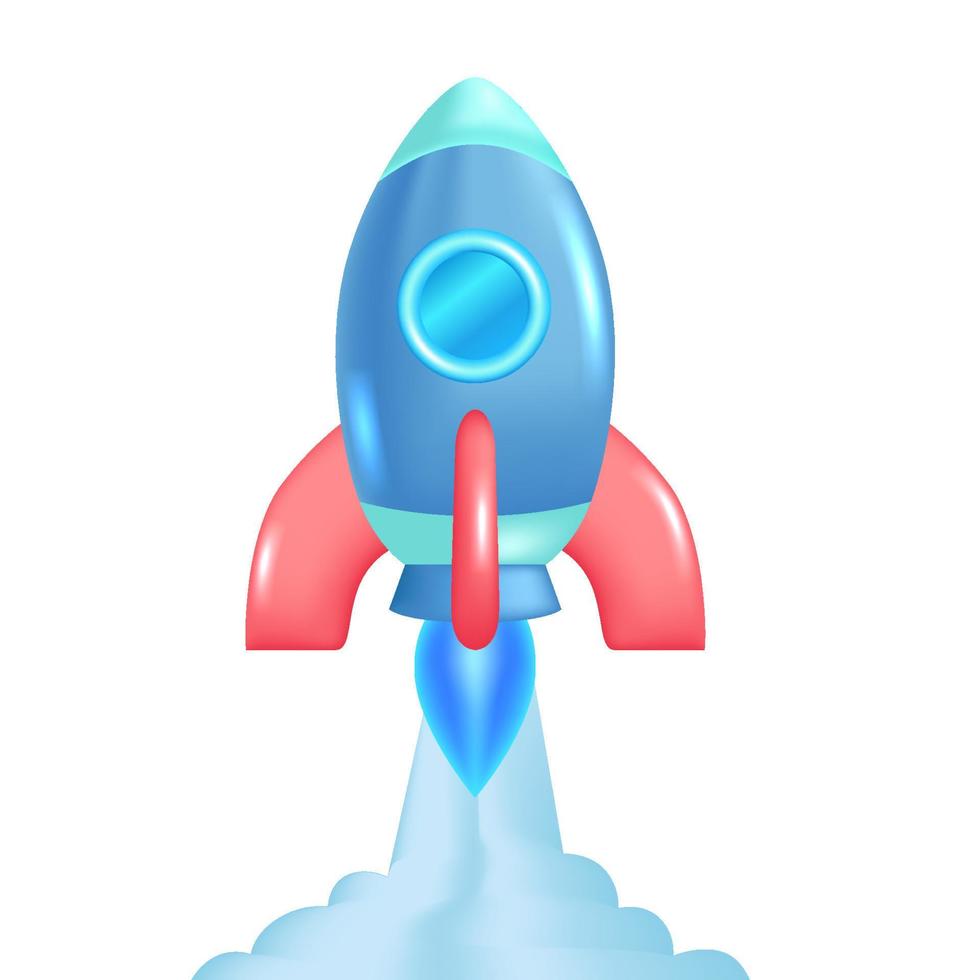 nave espacial de foguete 3d dos desenhos animados com fumaça voando para realização de negócios bem-sucedida vetor