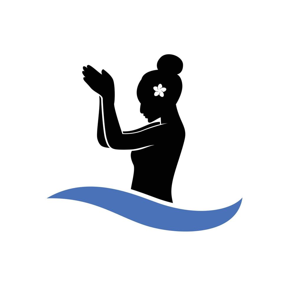 vetor de logotipo de onda de praia com cultura religiosa balinesa orando gesto de mão menina mulher silhueta feminina